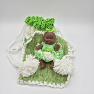 Handmade Miniature Baby Doll 5in Easter Emerald Green White Crochet Outfit Pouch